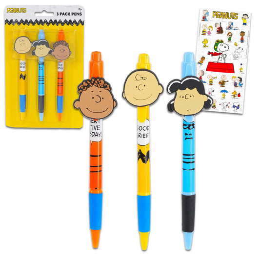Peanuts Pens Gift Set - Bundle with 3 Charlie Brown Pens with Clip Plus Stickers | Peanuts Office Desk and School Supplies