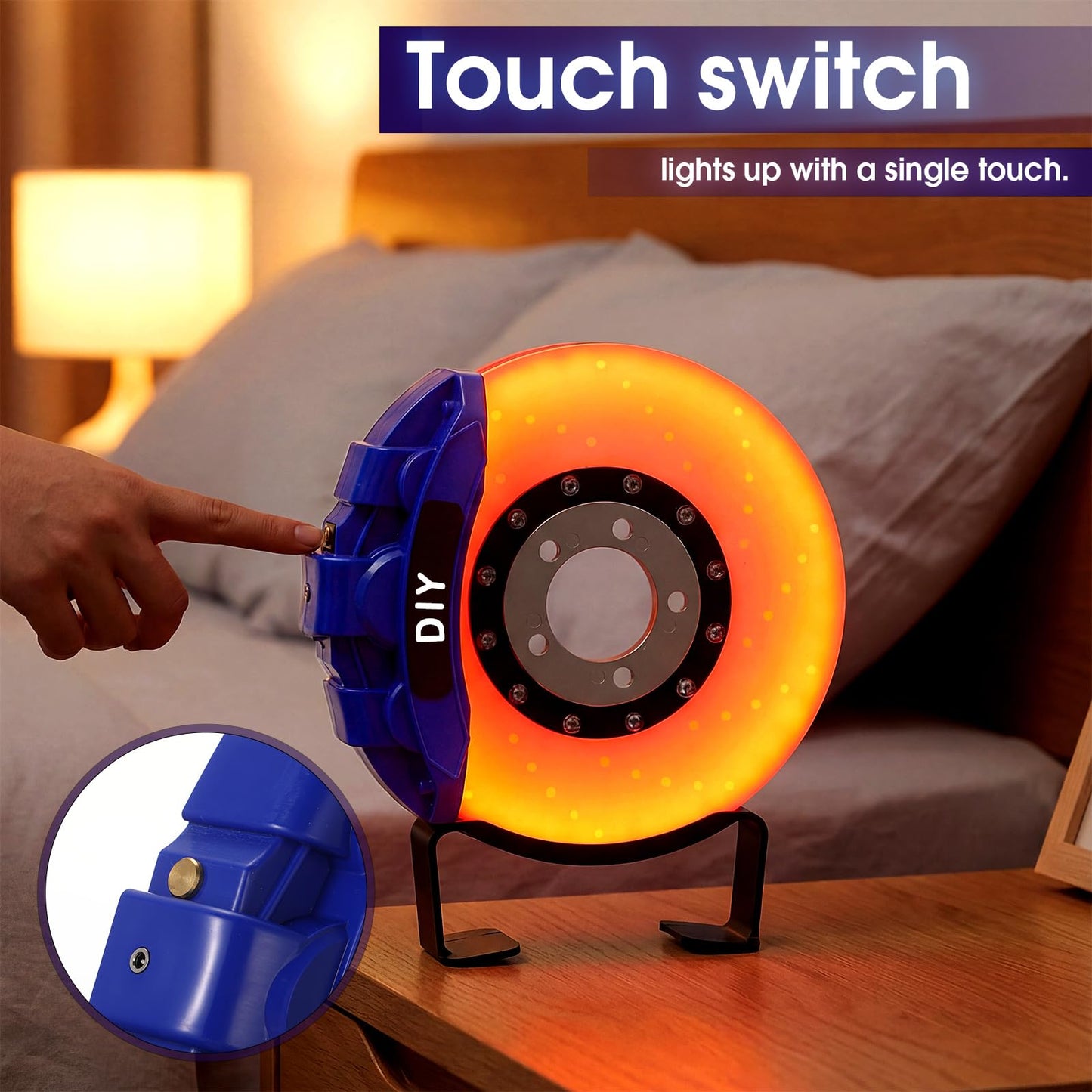 WILLBOND Brake Disc LED Lamp Cool Lamps for Men, Rechargeable Ambient Touch Night Light Unique Gifts for Him Dad Car Lover Fathers Day Birthday Holiday Room Office Home Decor(Blue - Orange Yellow)