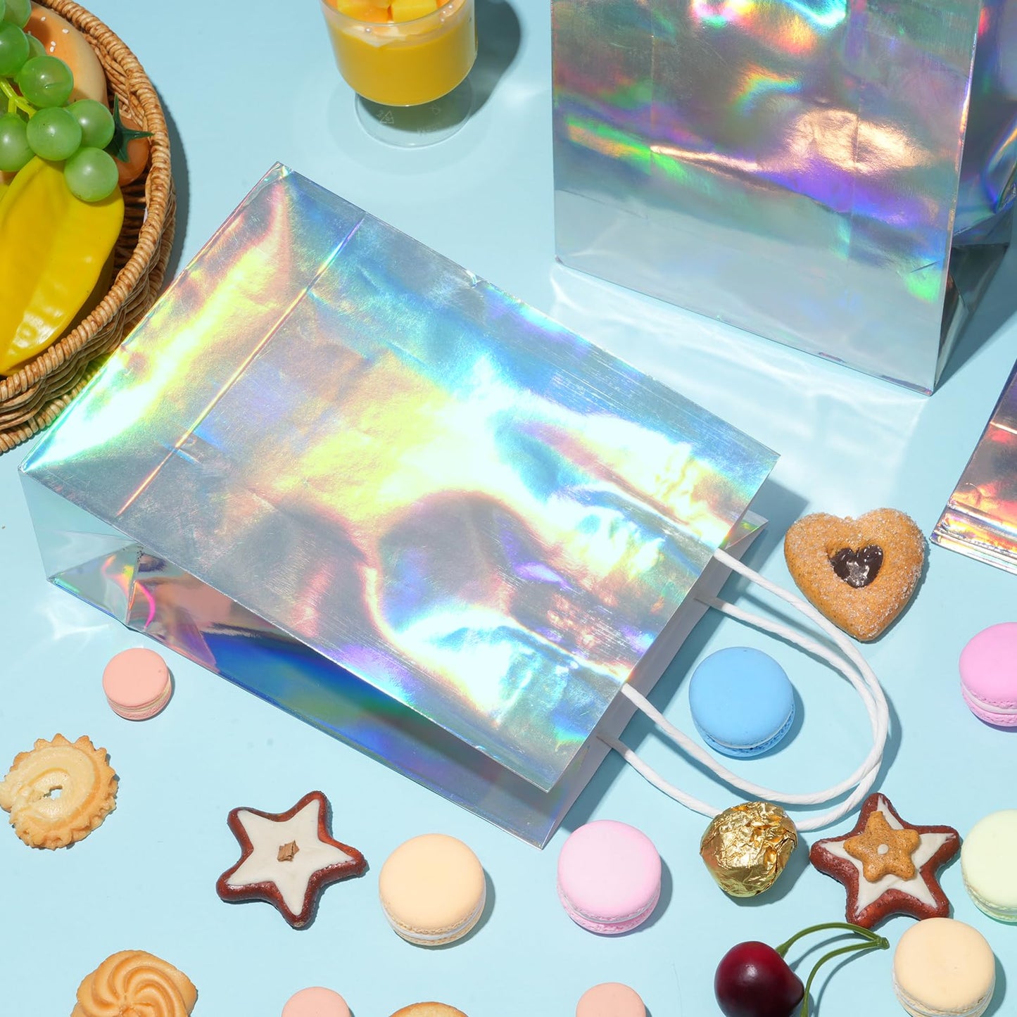 24 Pcs Iridescent Gift Bags Decorations, Holographic Foil Party Favor Bags with Handles, Glitter Paper Candy Goodie Bag with 24 Tissue Paper for Graduation Birthday Baby Shower Party Supplies