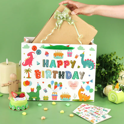 Hooqict Large Dinosaur Gift Bag Happy Birthday Gift Bag with Handles, Wrapping Tissue Paper and Greeting Cards for Kids Boys 1st 2nd 3rd Dinosaur Birthday Party Supplies Baby Showers