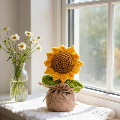 Crochet Sun Flowers Potted Flower, Handmade Knitted Sun Flores Birthday Gifts for Women/Mom/Grandparent, Valentines, Christmas,Positive Boho Crocheted Flower for Office Desk Decor
