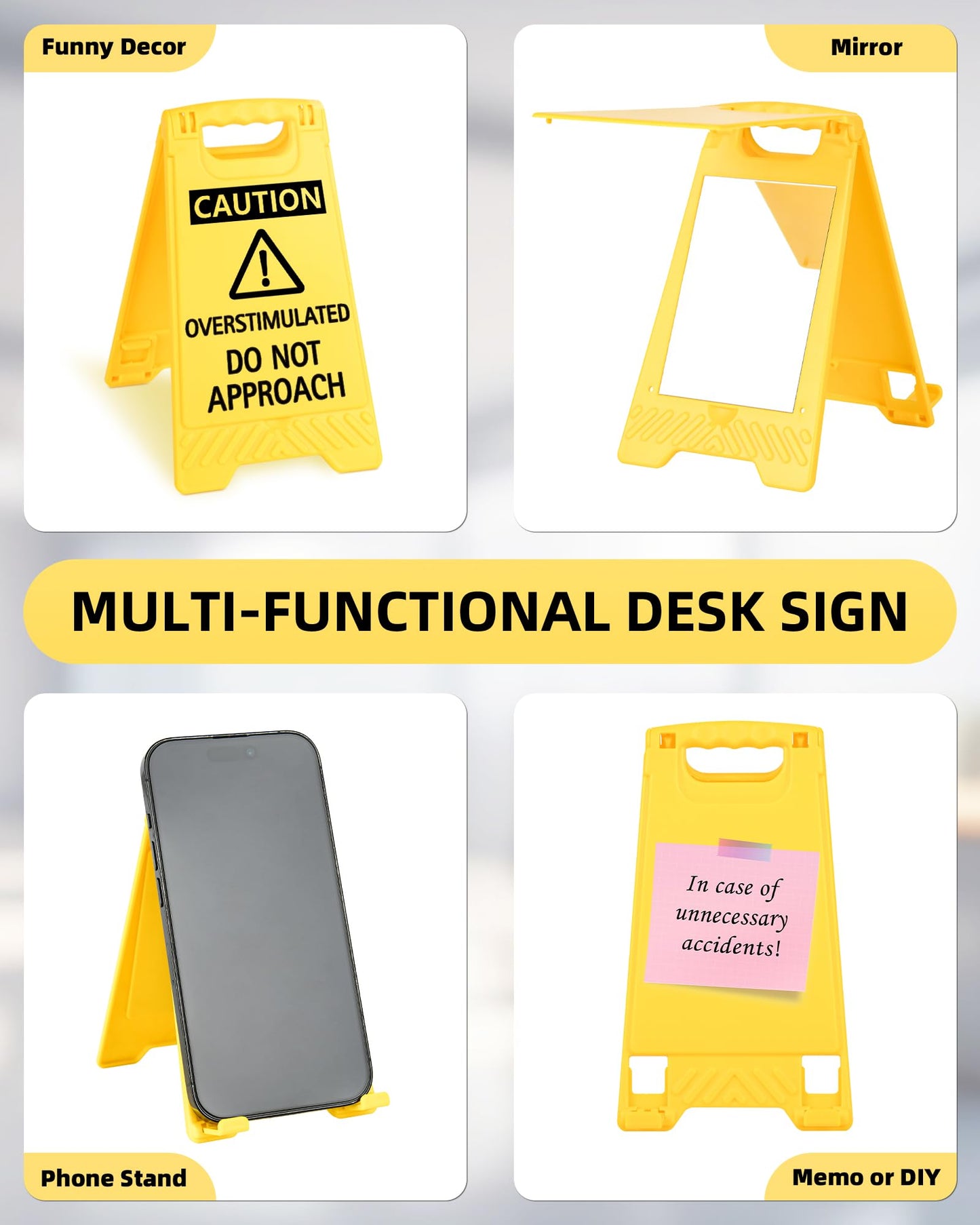 Caution Overstimulated Do Not Approach Office Decor, Funny Desk Sign for Women Coworkers, 2026 Graduation Gag Gifts for Fathers Day, Sarcastic Desk Accessories, Phone Holder with Mirror