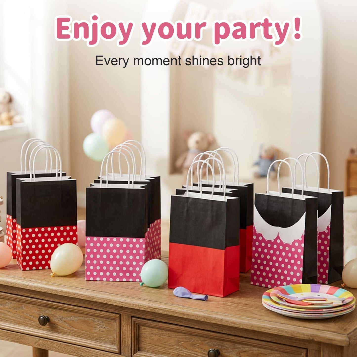 Afniimyapt 12Pcs Red Mouse Party Favor Goodie Bags with Handle Cartoon Mouse Theme Paper Treat Bags Pink Red Polka Dot Candy Gift Packing Supplies for Cartoon Themed Birthday Party Bridal Decorations