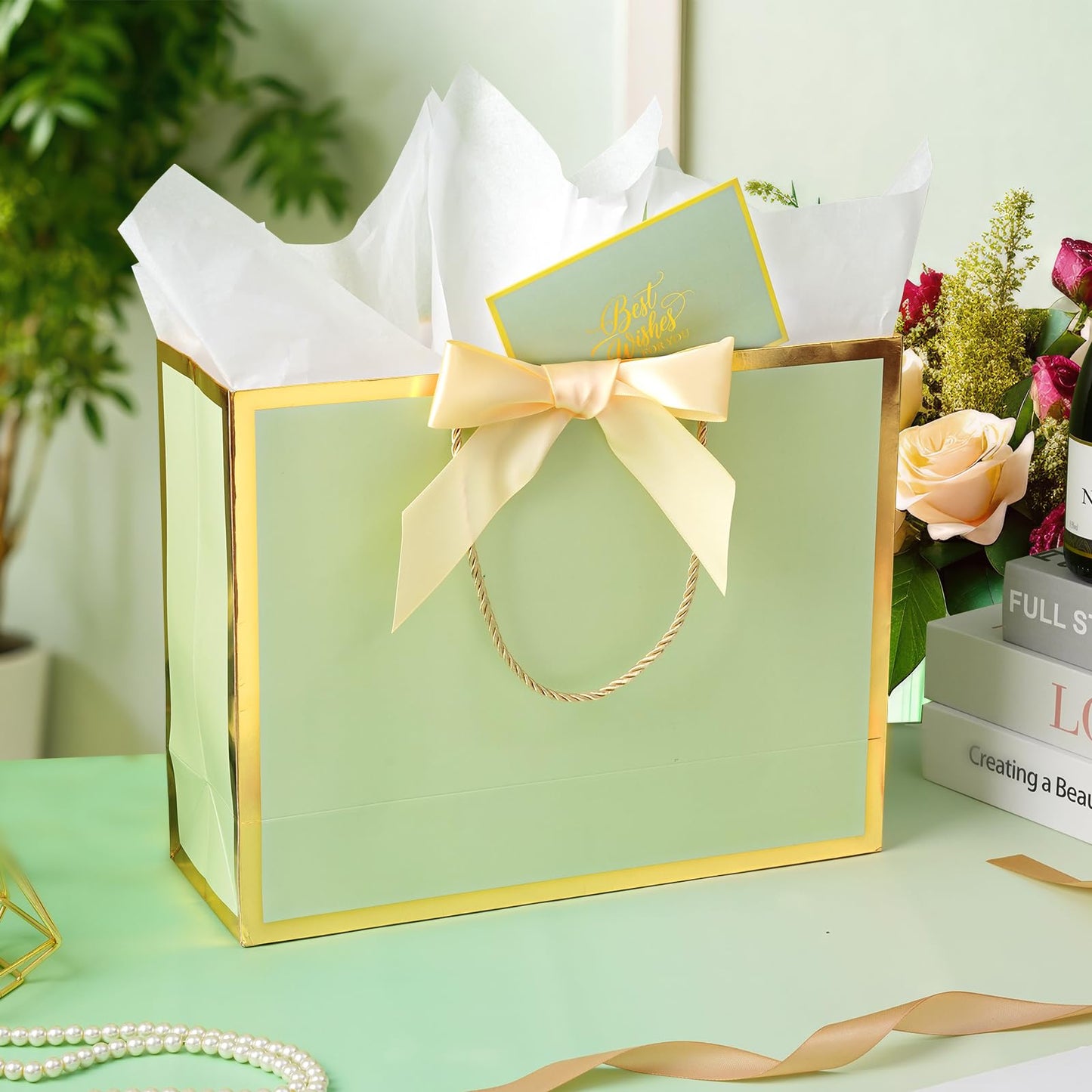 Plauthus Sage Green Gift Bag with Ribbon, 13" Large Gift Bag with Handle, Greeting Card & 2 Tissue Paper（Gold Foil Frame） for Baby, Baby Shower, Weddings, Bridal Showers, Engagements, Any Occasion