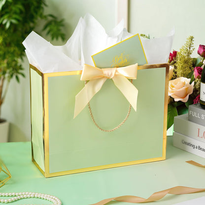 Plauthus Sage Green Gift Bag with Ribbon, 13" Large Gift Bag with Handle, Greeting Card & 2 Tissue Paper（Gold Foil Frame） for Baby, Baby Shower, Weddings, Bridal Showers, Engagements, Any Occasion