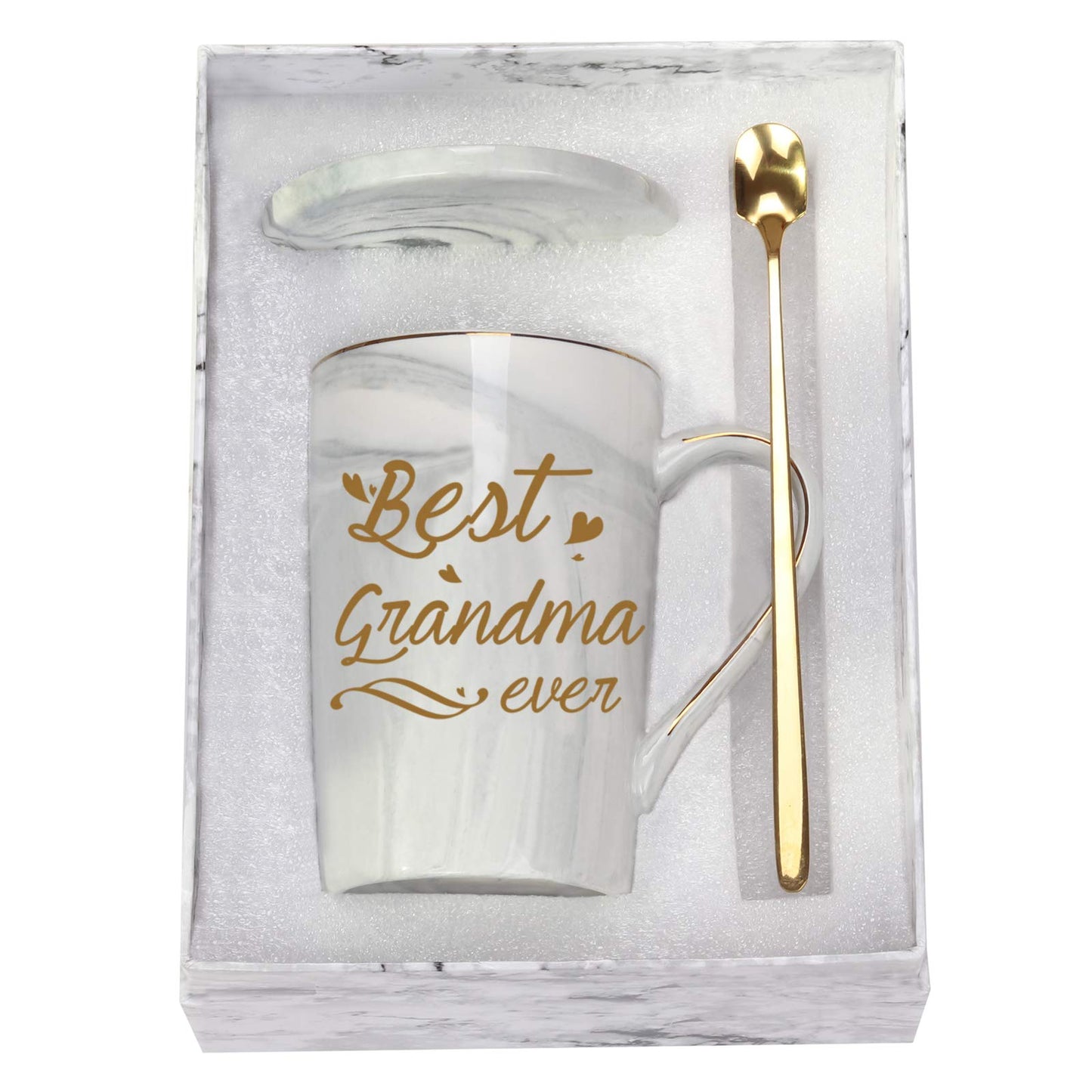 Best Grandma Ever Mug Coffee Gifts Birthday Mothers Day for from Granddaughter Grandson Grandchildren Grandkids 14 Ounce Gift Box with Spoon and Mat Gray