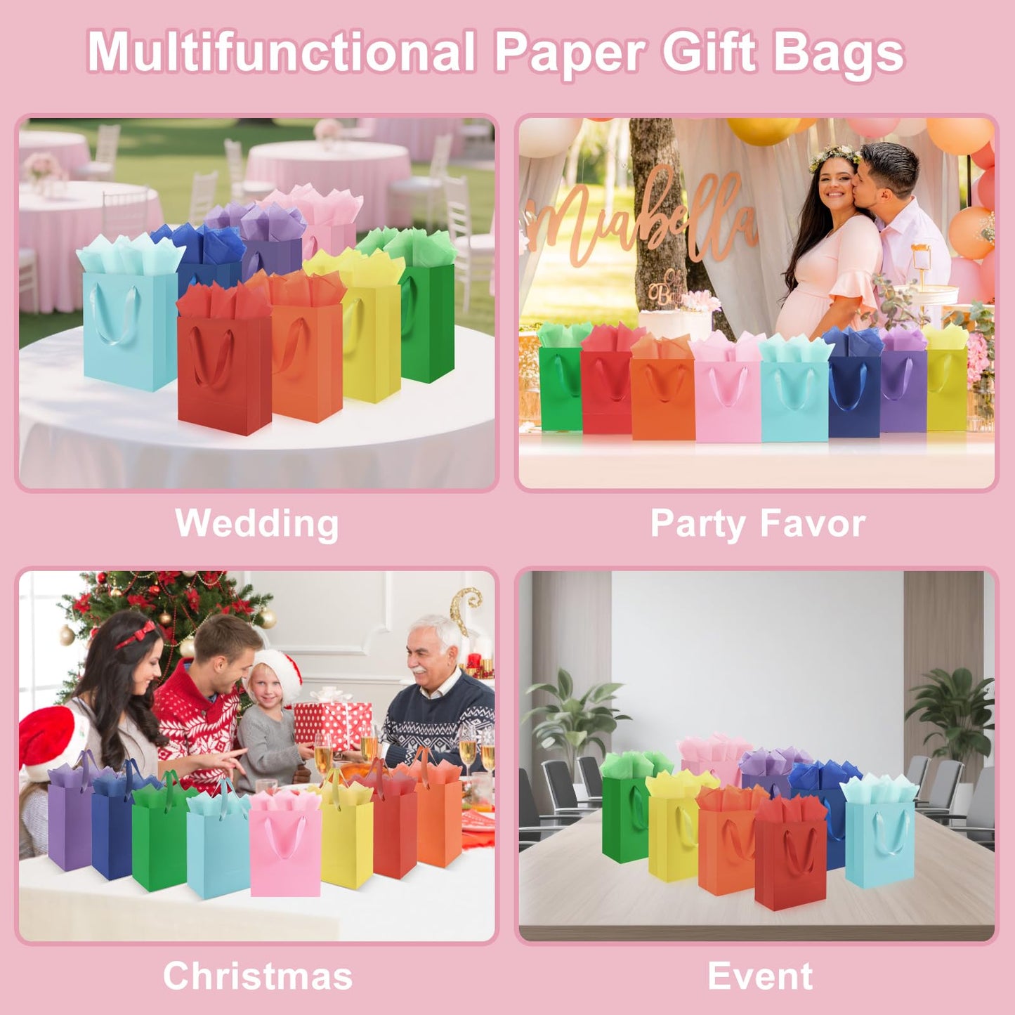 Epoesch 4 Pack Pink Gift Bags Handles and 8 Tissue Paper, Medium Size 8 X 5 X10 Inch Paper Bag for Birthday Party, Baby Shower, Wedding Favors or Mother's Day