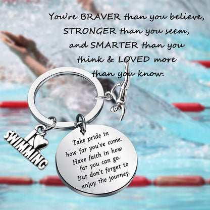 Swim Keychain I Love Swimming Lover Gift Take Pride in How Far You Have Come Swim Team Inspirational Swimmers Jewelry Gift