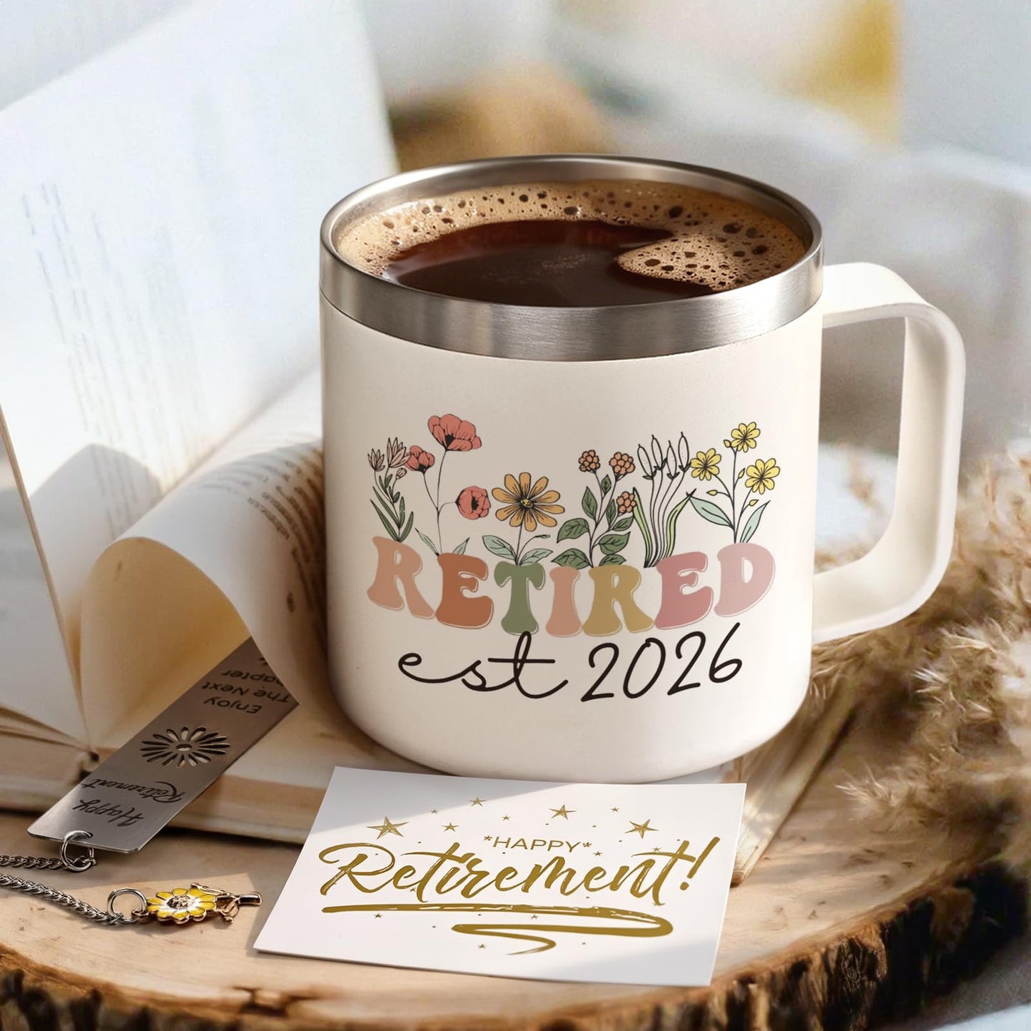 Lifecapido Retirement Gift for Woman, Retirement Gifts for Women 2026, 14oz Insulated Coffee Mug with Bookmark, Retired Birthday Gifts for Women Mom Grandma Teacher Nurse Coworkers