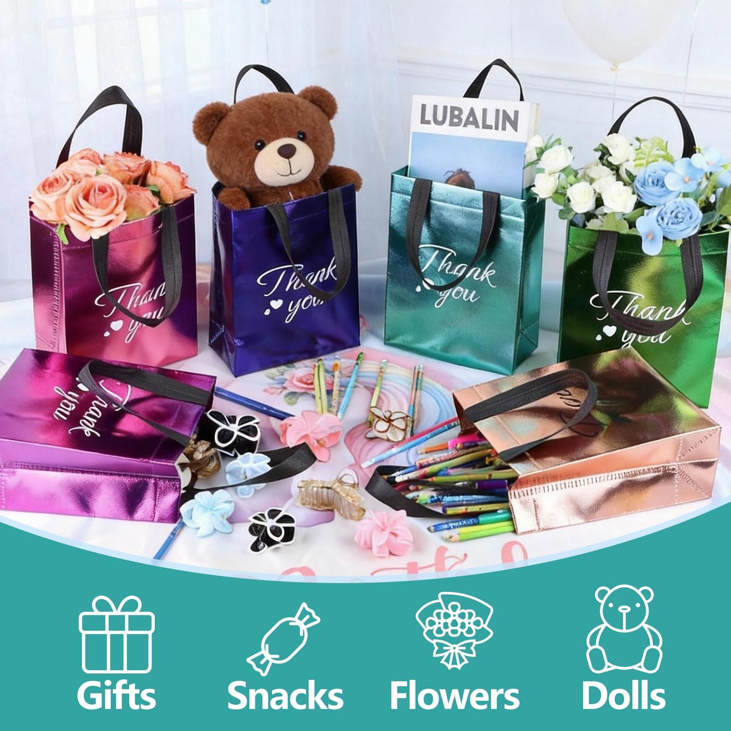 60 Pcs Reusable Gift Bags with Handles Set (10 x 8 x 4 Inch), Include 30 Thank You Bag & Tissue Paper, Medium Colorful Gift Bag Bulk for Birthday, Baby Shower, Bridal Shower, Wedding, Party & Events