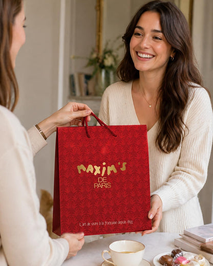 Maxim's de Paris French Gift Set - Bonjour Paris Pouch with Chocolate, Nougat, Strawberry Jam, Eiffel Tower Tin & Mini Collectible Tins | Premium French Gift Box, Made in France