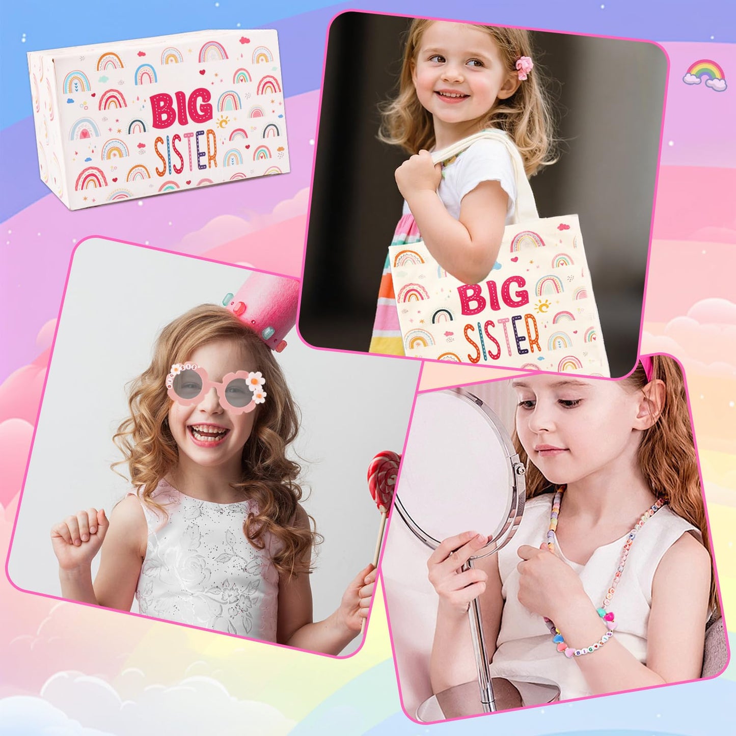 12PCS Big Sister Gifts Set for Girls,12oz Stainless Steel Tumbler With Leakproof Lid and Straw,Cute Silicone Toppers，Sunglasses Bracelet,Canvas Tote Bag for Little Girls Gift Box Set
