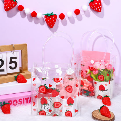 Whaline Strawberry Clear PVC Gift Bags Cute Fruit Party Favor Bags with Handles Red Heart Strawberry Flower Treat Tote Candy Bag for Spring Summer Wedding Birthday Baby Shower Party Supplies, 12Pcs