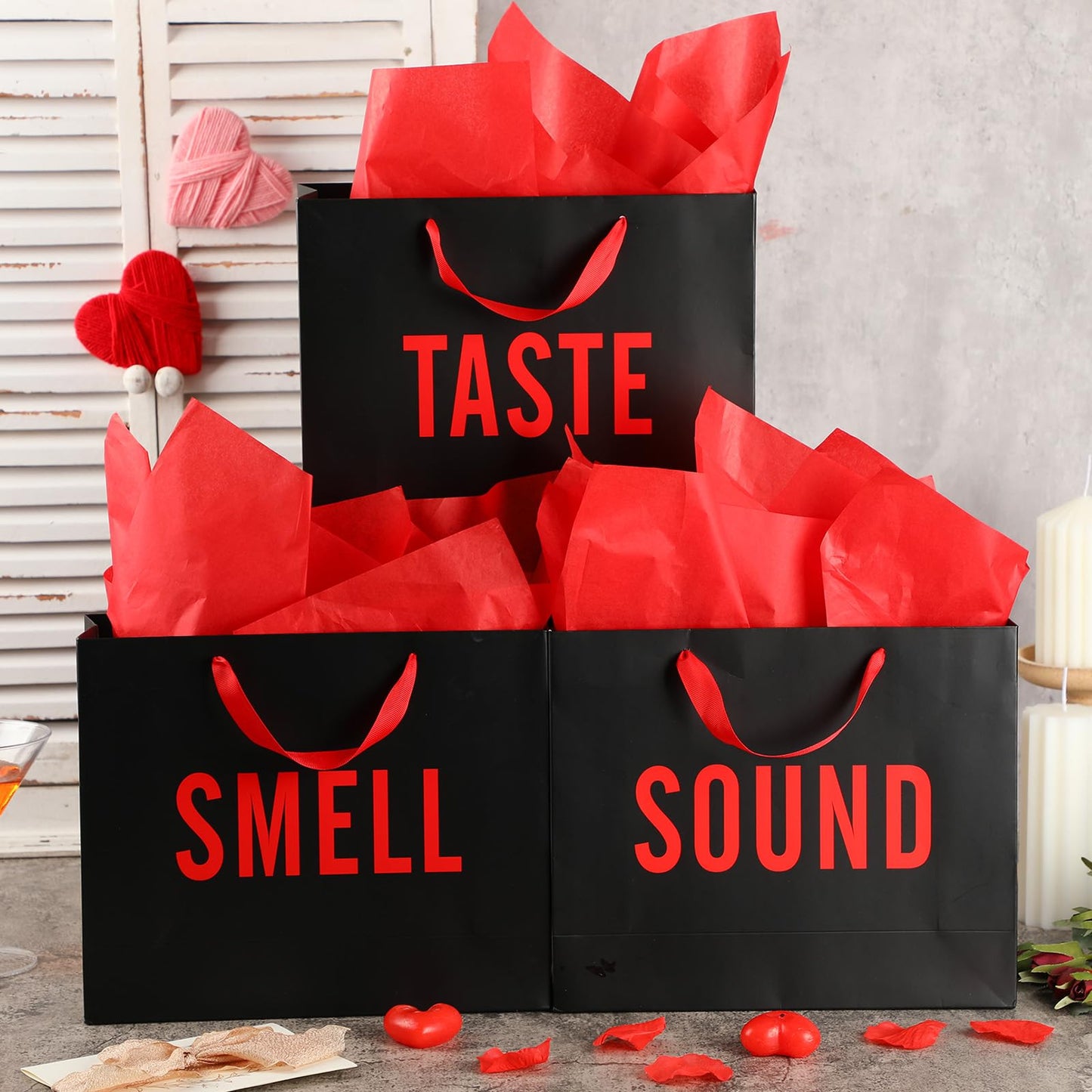 Kolldenn 5 Senses Gift Bags for Him and Her Five Senses Gift Bag with Ribbon Handles and Tissue Paper Present Wrappings for Valentine Wedding Birthday Mothers Day (Black Red,11.8 x 10 x 4 Inch)