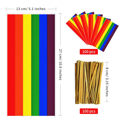 Lecpeting 100 Pcs Rainbow Treat Bags Rainbow Stripes Print Cellophane Candy Bags with Twist Ties for Baby Shower Birthday Party Supplies