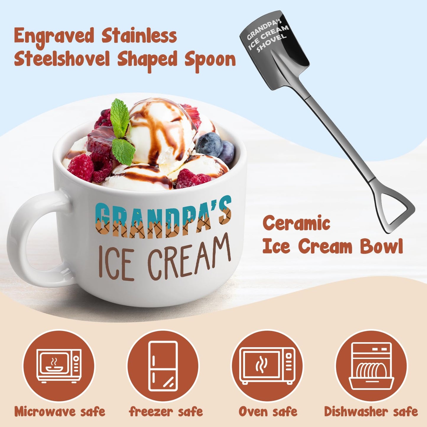Grandpa Gifts for Fathers Day - Ideal Father's Day Birthday Gifts for Grandpa Grandfather from Granddaughter Grandkids, Grandpa's Ice Cream Bowl with Shovel Set Present Father's Day Xmas