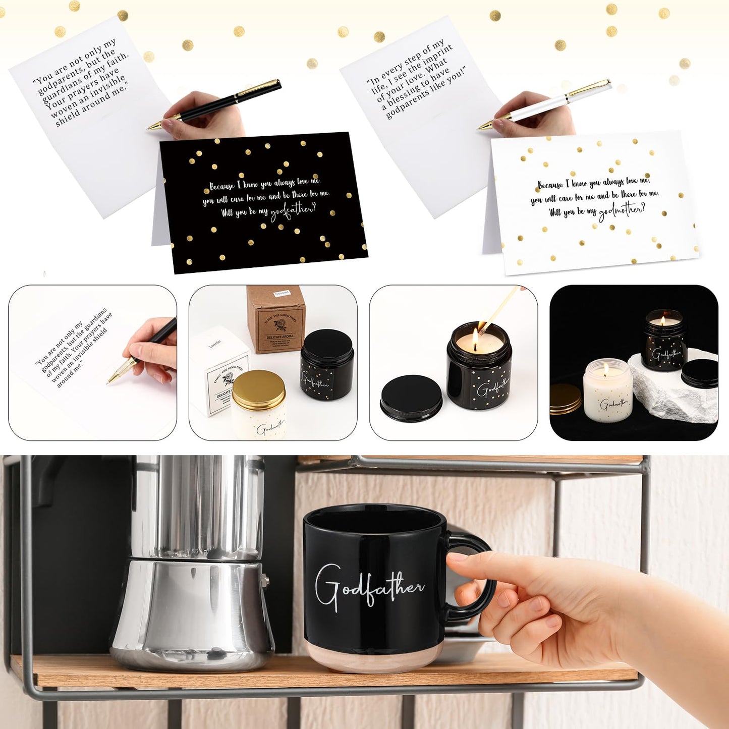 2 Sets 8 Pcs Godparents Proposal Gift Madrina Padrino Mug Will You Be My Godparents from Godchild Card Scented Candle Jar Pen Baptism Gift for Mother's Day Father's Day Godmother Godfather(English)