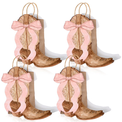 Sinload 12 Western Gift Bags Cowgirl Cowboy Boots Paper Bags with Pink Bow Handles Candy Goodie Treat Grocery Shopping for Cowgirl Party Supplies Birthday Western Party Favors (Brown Style)