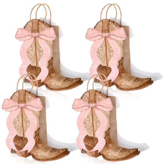Sinload 12 Western Gift Bags Cowgirl Cowboy Boots Paper Bags with Pink Bow Handles Candy Goodie Treat Grocery Shopping for Cowgirl Party Supplies Birthday Western Party Favors (Brown Style)