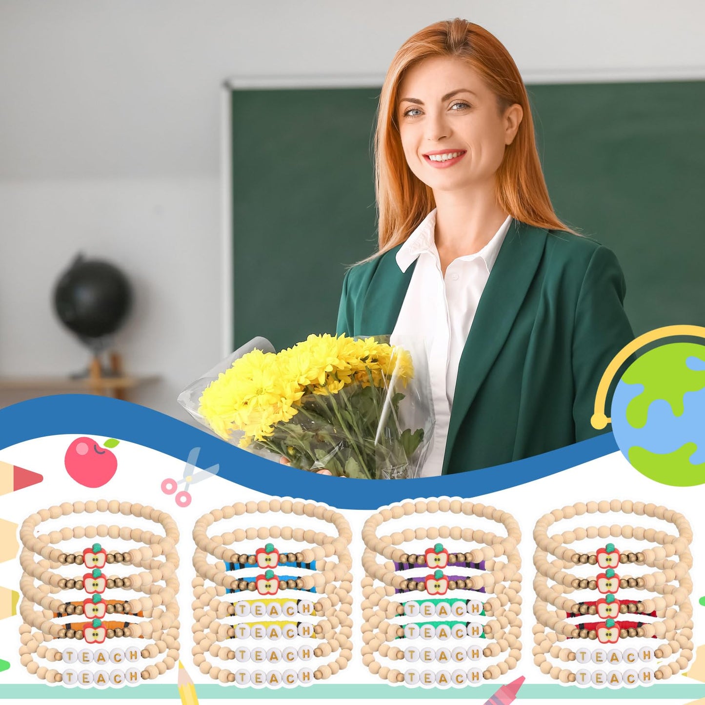 Huquary 12 Set/24Set End of Year Teacher Gifts Teacher Bracelet Bulk Clay Beaded Bracelet with Card OPP Bag