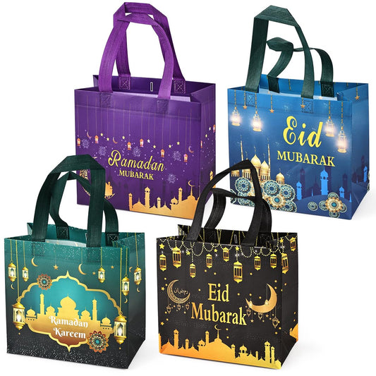 Aviski 4PCS Eid Mubarak Reusable Gift Bags, Treat Bags with Handles, Ramadan Mubarak Party Bags, Multifunctional Non-Woven Eid Bags for Gifts Wrapping, Ramadan Kareem Party Supplies, 9.2"×8.7"×4.3"