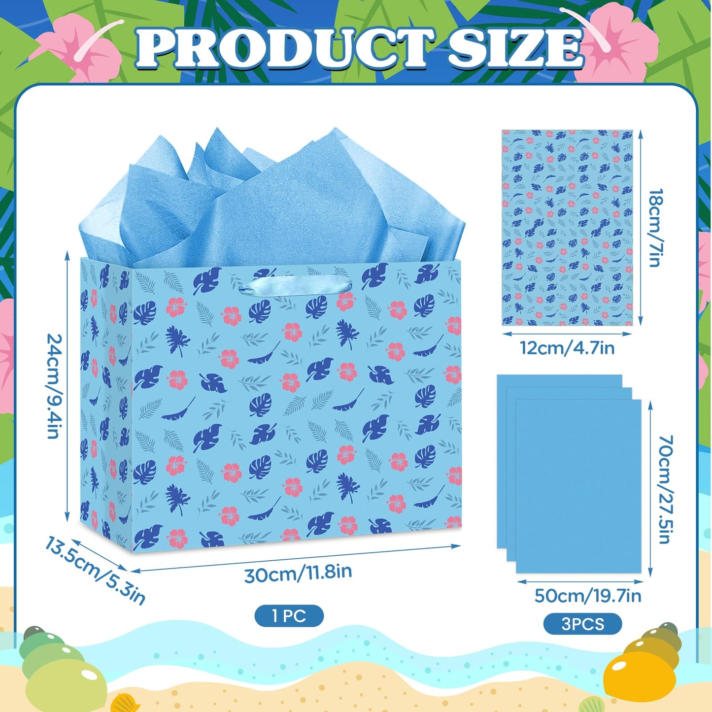 Wayyogh Hawaiian Gift Bag Cute Cartoon Blue Pink Hibiscus Party Gift Bags with Wrapping Tissue Paper and Greeting Card Hawaiian Wrapping Paper for Birthday Baby Shower Holiday Party Supplies