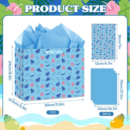 Wayyogh Hawaiian Gift Bag Cute Cartoon Blue Pink Hibiscus Party Gift Bags with Wrapping Tissue Paper and Greeting Card Hawaiian Wrapping Paper for Birthday Baby Shower Holiday Party Supplies