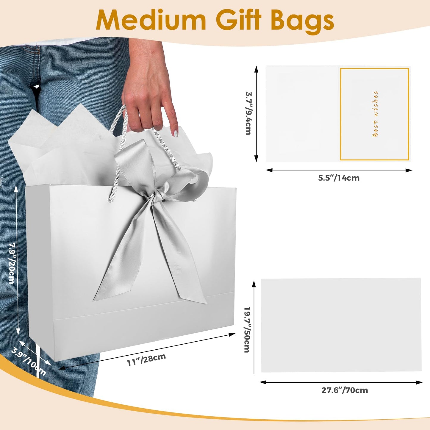 Gfractolux Medium Gift Bags With Tissue Paper, Cards, and Handles - 2 Pcs for Birthdays, Baby Shower, Wedding, Party Favor, Holiday Presents - 11"X7.9"X3.9" (Silver)