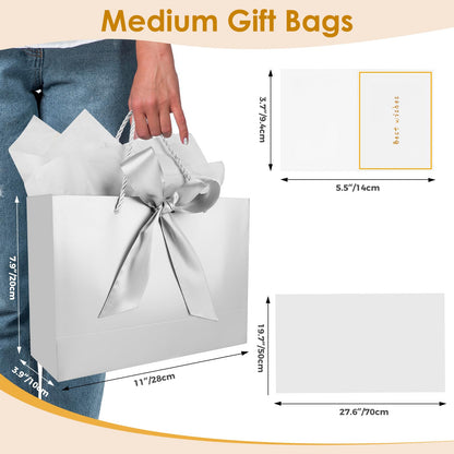 Gfractolux Medium Gift Bags With Tissue Paper, Cards, and Handles - 2 Pcs for Birthdays, Baby Shower, Wedding, Party Favor, Holiday Presents - 11"X7.9"X3.9" (Silver)
