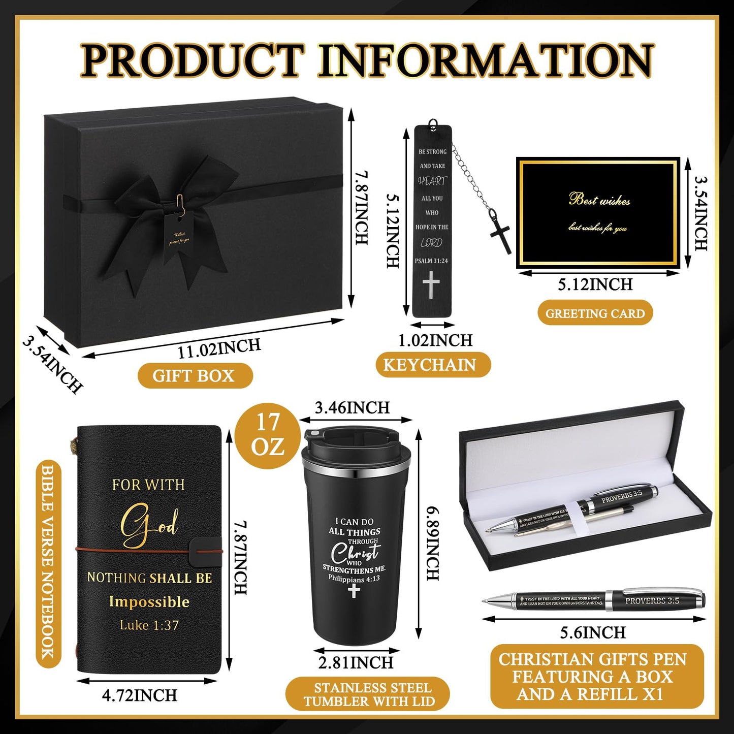 6 Pcs Father's Day Christian Gift Set for Men Inspirational Religious Faith Gift with 17oz Tumbler Notebook Bookmark Pen and Greeting Card for Father Dad Husband Grandpa Friends(Black)