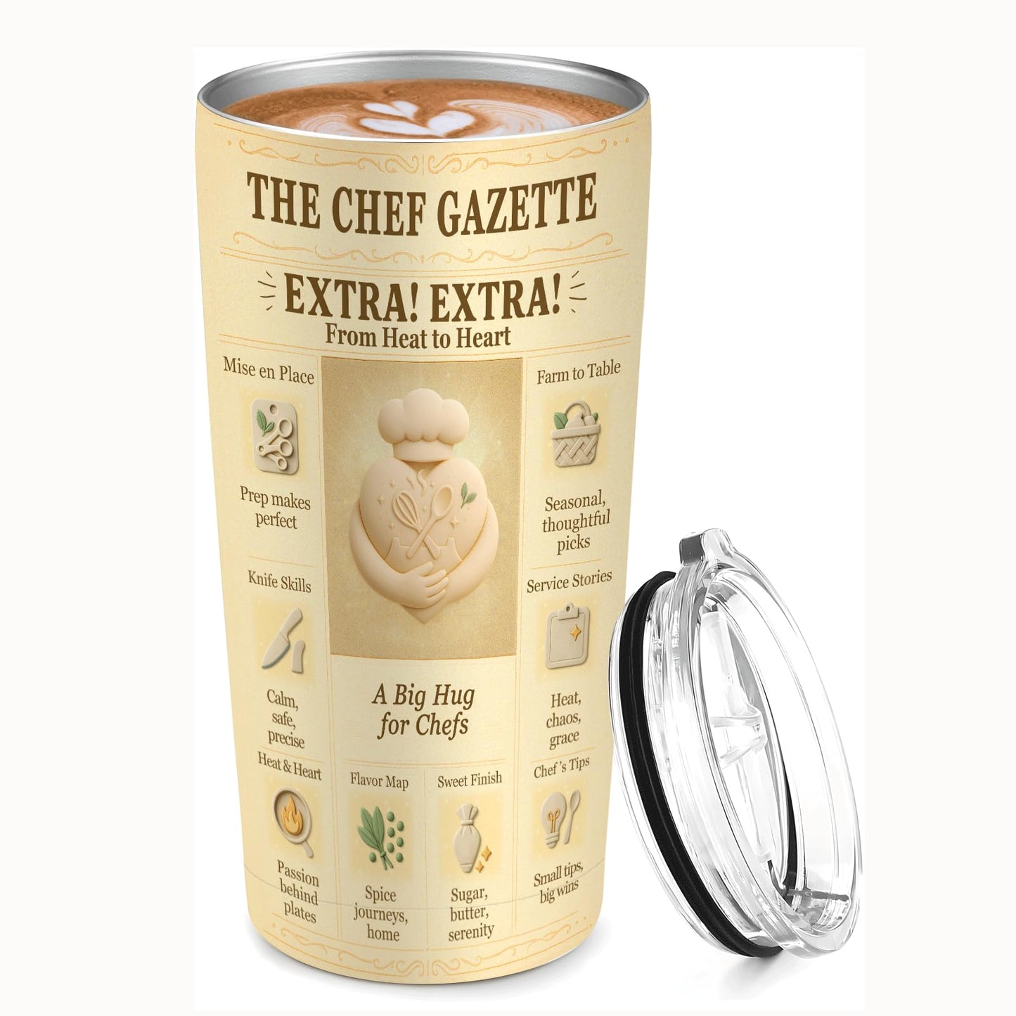 Chef Gifts 20 oz Tumbler, Vintage Newspaper Print Insulated Stainless Steel Travel Mug for Men & Women, Retro Culinary Appreciation Cup
