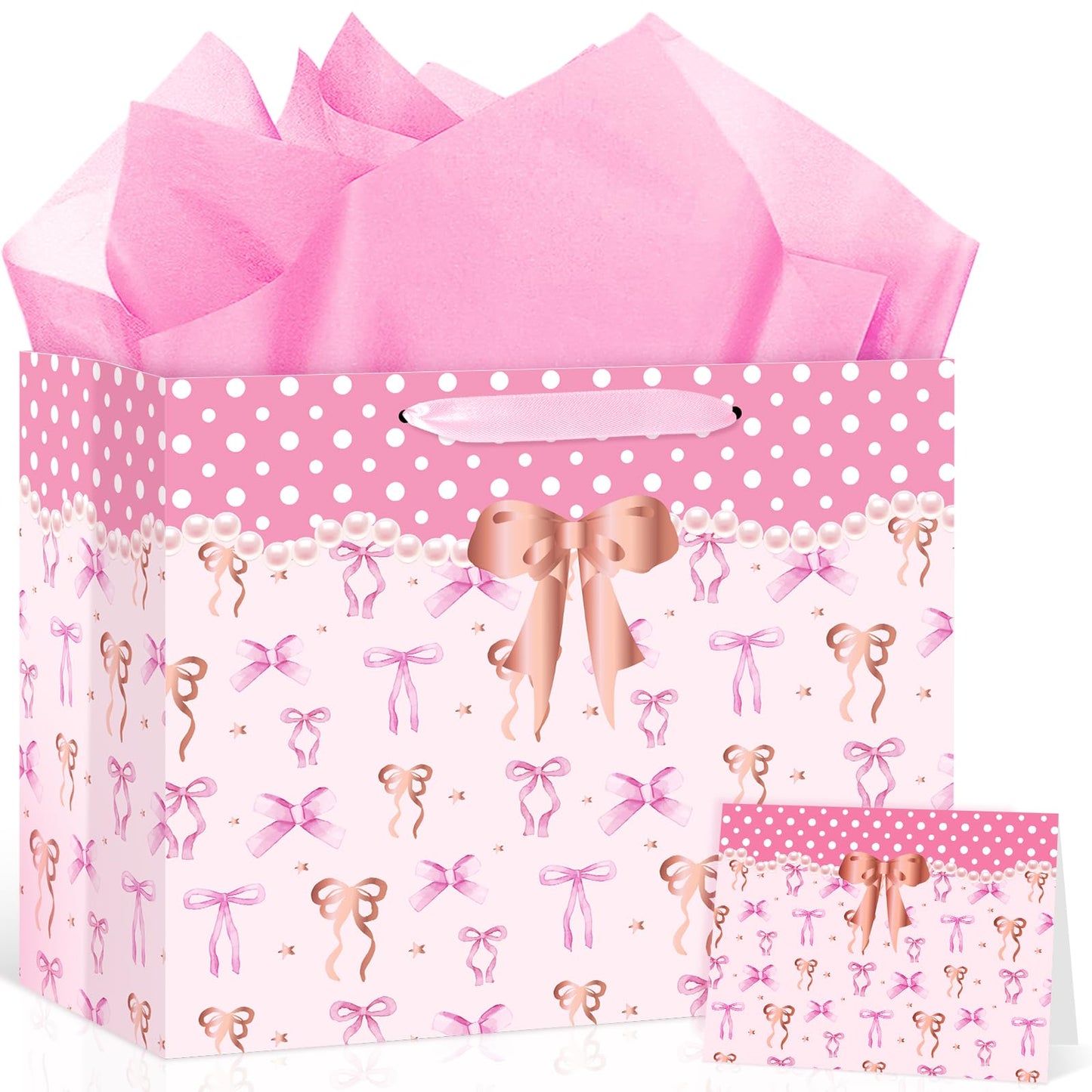 Neptniopllab Bow Birthday Gift Bag,Pink Bow Wrapping Paper Gift Bag BowKnot Party Decoration with Card and Tissue Paper for Women Birthday Valentine's Day Wedding Baby Shower Party Supplies