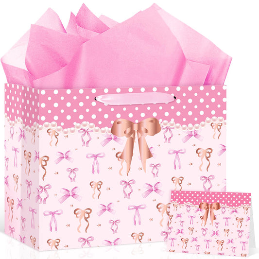 Neptniopllab Bow Birthday Gift Bag,Pink Bow Wrapping Paper Gift Bag BowKnot Party Decoration with Card and Tissue Paper for Women Birthday Valentine's Day Wedding Baby Shower Party Supplies