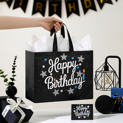 STYPOP 2 Pack 13" Large Birthday Gift Bags with Tissue Paper & Cards, Reusable Non-Woven Happy Birthday Bags with Handles, Perfect Gifts for Men, Boy, Kids, 12.8" x 10.2" x 6.3"