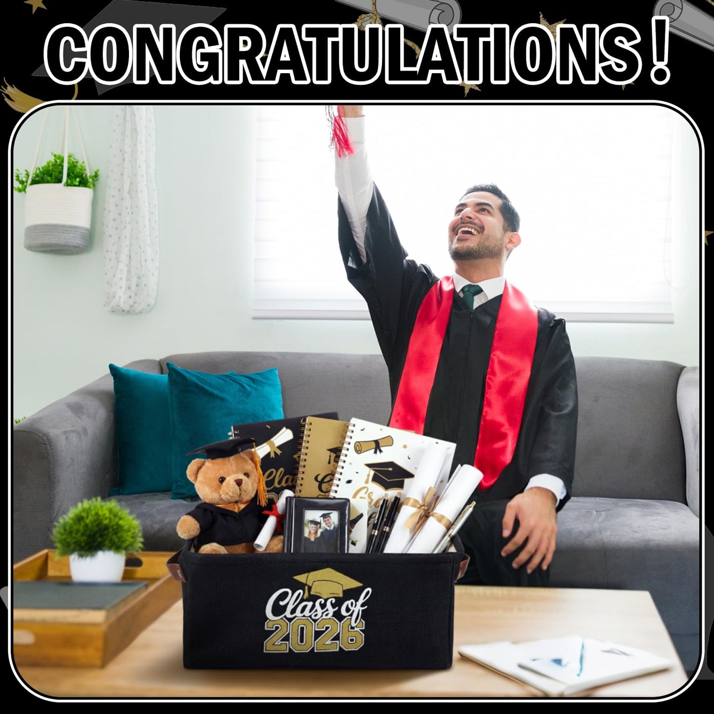 Graduation Gifts Basket Class of 2026 Storage Box with Handle Congrats Grad Gift Storage Basket for High School College Decor Party Favor Keepsake 14 x 10 x 6.3(Classic,Black and Gold)