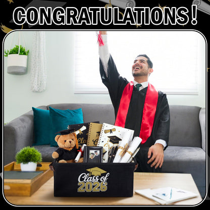 Graduation Gifts Basket Class of 2026 Storage Box with Handle Congrats Grad Gift Storage Basket for High School College Decor Party Favor Keepsake 14 x 10 x 6.3(Classic,Black and Gold)
