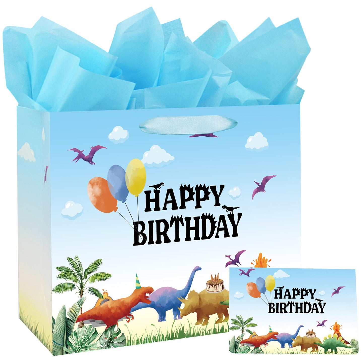 13" Large Watercolor Dinosaur Birthday Gift Bag for Boy Kids with Card and Tissue Papers (13" Blue)
