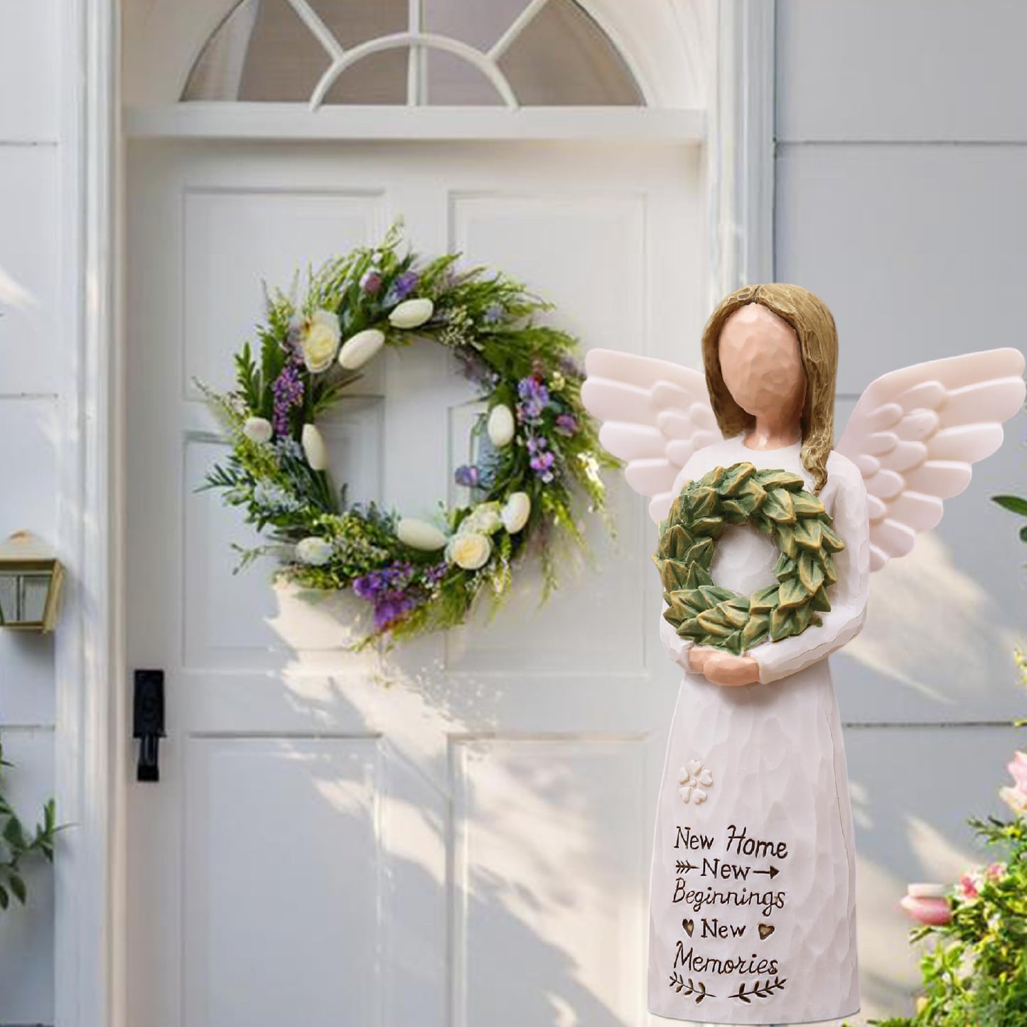 House Warming Gifts New Home Essentials, New Home Gift Ideas for Women Homeowner, Hand-Painted Resin Angel Figurine with Floral Wreath