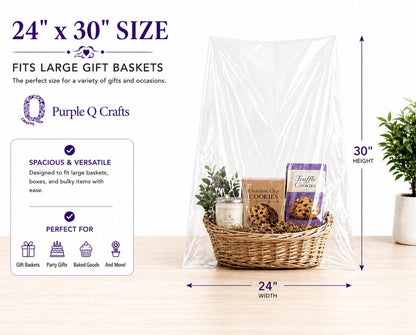 Purple Q Crafts 24" x 30" Cellophane Basket Bags – Pack Of 5 Clear Gift Basket Wrap Bags for Large Baskets, Hampers & Gifts, Extra Large Cello Bags