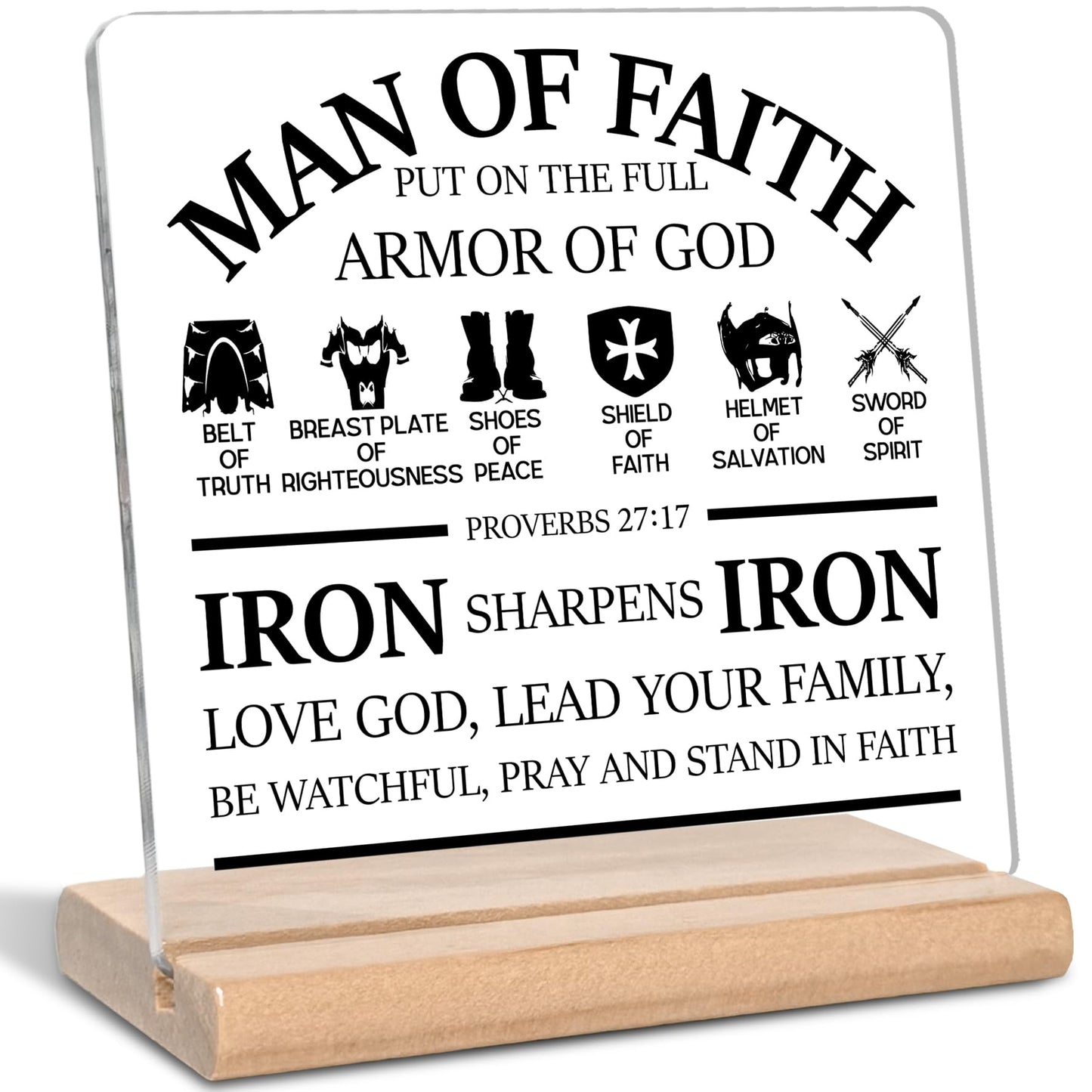 Christian Gifts for Men, Man of Faith Put on the Full Armor of God Quotes Bible Verse Acrylic Plaque Sign, Inspirational Bible Gift for Office Home Decor(A)