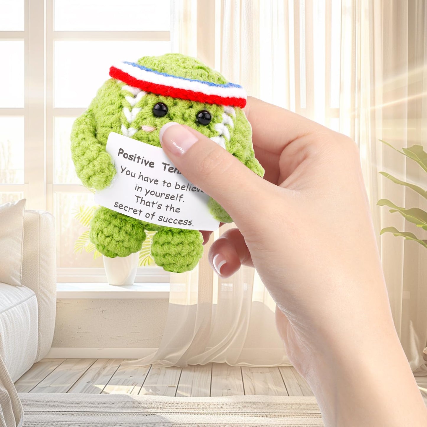 Positive Tennis Ball, Cute Funny Crochet Inspirational Tennis Ball Positive Knitted Animal Doll Crochet Toy with Positive Card for Sports Lover Friends Party Decorations
