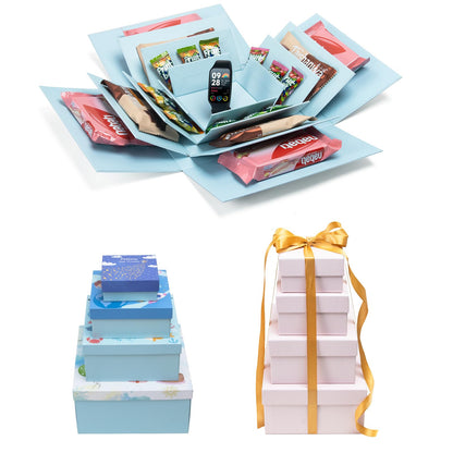 CHARMGIFTBOX 8 Pack Gift Boxes with Lids, 4 Surprise Gift Box Explosion and 4 Paper Square White Nesting Gift Boxes, Exploding Box Set for Boyfriend Husband Son Birthday Party Favor Boxes, Blue&Pink