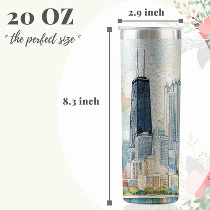 Onebttl Chicago City Skyline Gifts for Chicago Lovers, Skyline Map 20oz Stainless Steel Tumblers with Lids and Straws, Perfect for Birthday & Christmas