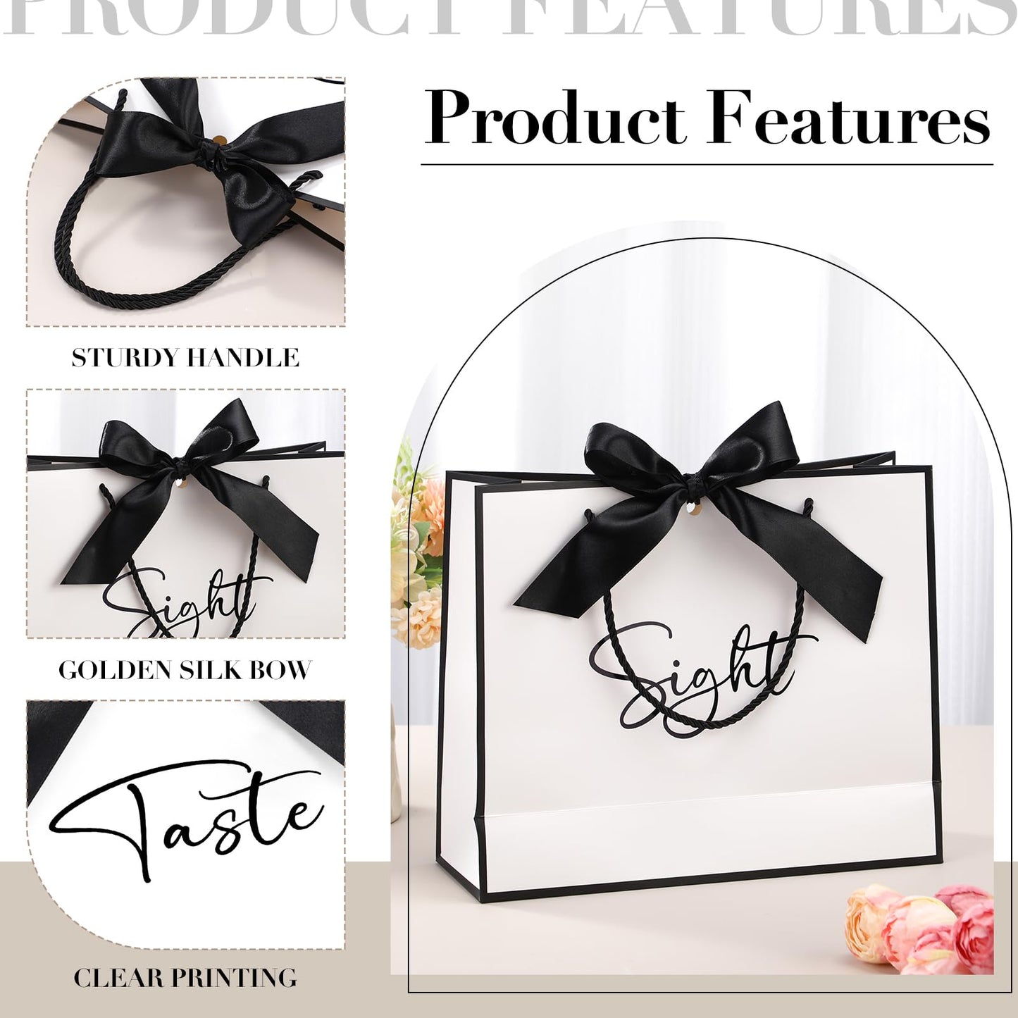 Sweetude 5 Pcs Senses Gift Bags for Him and Her 11.8 x 9.8x 3.9'' Elegant Thank You Paper Gift Bags with Handles and Bow Ribbon for Wedding Bridesmaid Groomsmen Gifts Birthday Baby Shower(White)
