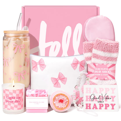 Gift Baskets for Women, 9pcs Birthday Gifts for Teenage Girls, Best Christmas Ideas Box w/Coquette Bow Aesthetic Cup Trendy Stuff for Her Teen Girl Sister Friend Friendship Sweet 16th 18th 21st Bday
