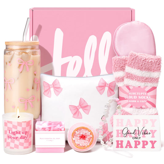 Gift Baskets for Women, 9pcs Birthday Gifts for Teenage Girls, Best Christmas Ideas Box w/Coquette Bow Aesthetic Cup Trendy Stuff for Her Teen Girl Sister Friend Friendship Sweet 16th 18th 21st Bday