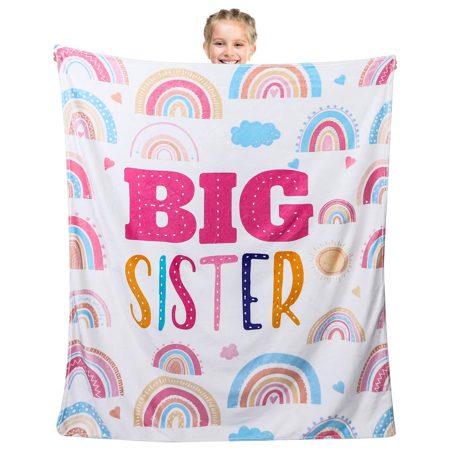 Buryeah 60" x 50" Sisters Gift Big Sister Blanket Soft Warm Flannel Throw Blanket Pastel Rainbow Sis to Be Announcement New Big Sis Gift for Baby Shower Birthday Party Supplies