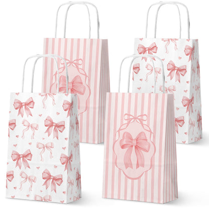 FRIDAY NIGHT 16 PCS Pink Bow Paper Gift Bags with Handle Valentine's Day Gift Bag Pink Party Favor Bag Cute Bow Goodie Candy Treat bags for Birthday Wedding Engagement