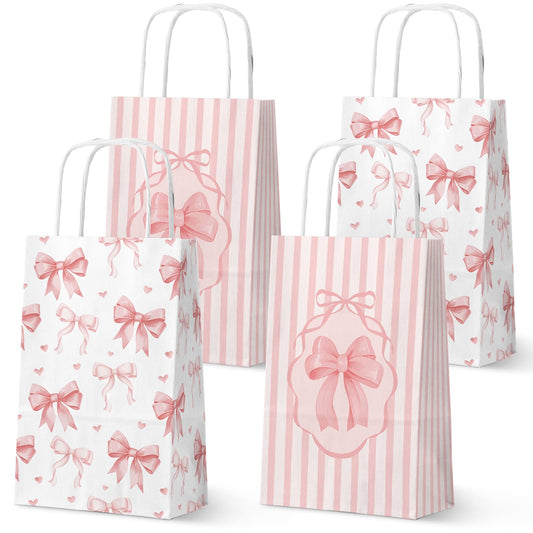 FRIDAY NIGHT 16 PCS Pink Bow Paper Gift Bags with Handle Valentine's Day Gift Bag Pink Party Favor Bag Cute Bow Goodie Candy Treat bags for Birthday Wedding Engagement