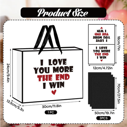 Anniversary Birthday Gift Bag for Him Men Boyfriend Women Funny I Love You More Gift Bags with Wrapping Tissue Paper and Greeting Card Valentines Wedding Bridal Shower Engagement Party Favor Bag